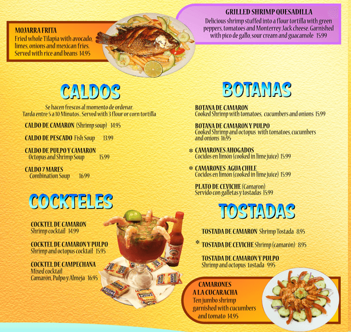 Caldos, Cockteles, botanas, Tostadas Menu