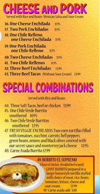 Cheese And Pork & Special Combinations Menu