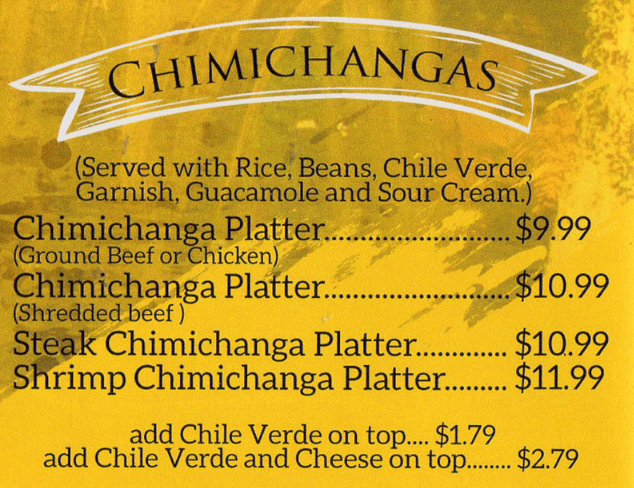 Chimichangas Menu