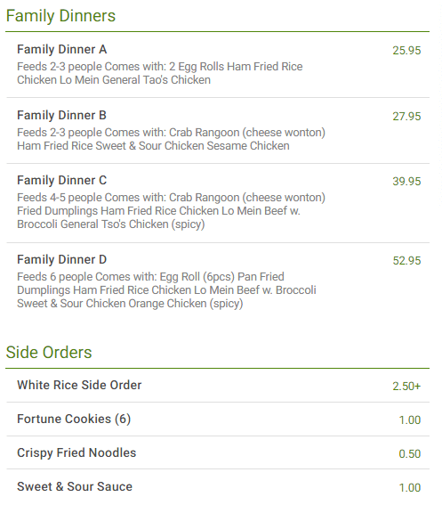 Family Dinners & Side Orders Menu