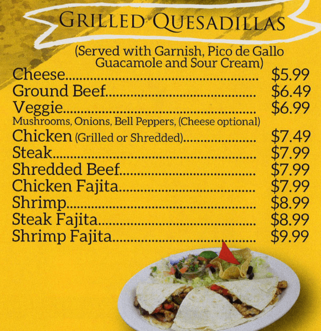 Grilled Quesadillas Menu