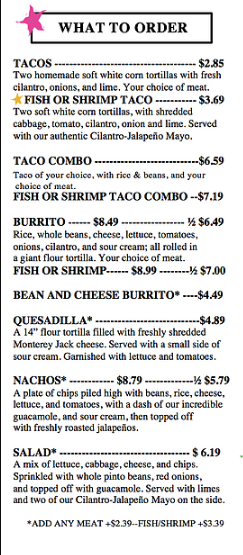 Tacos, Burrito, Quesadilla, Nachos, Salad Menu