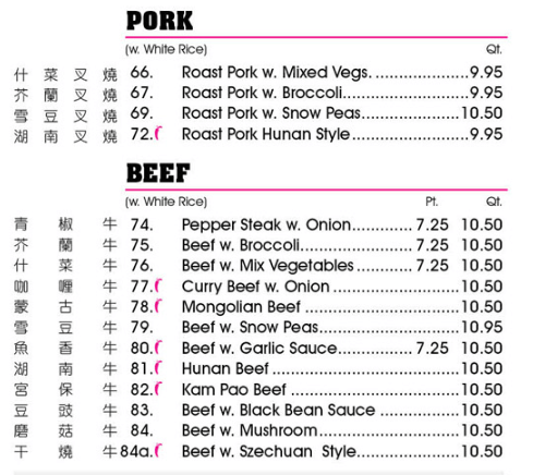 Pork & Beef Menu