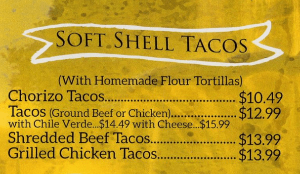 Soft shell Tacos Menu
