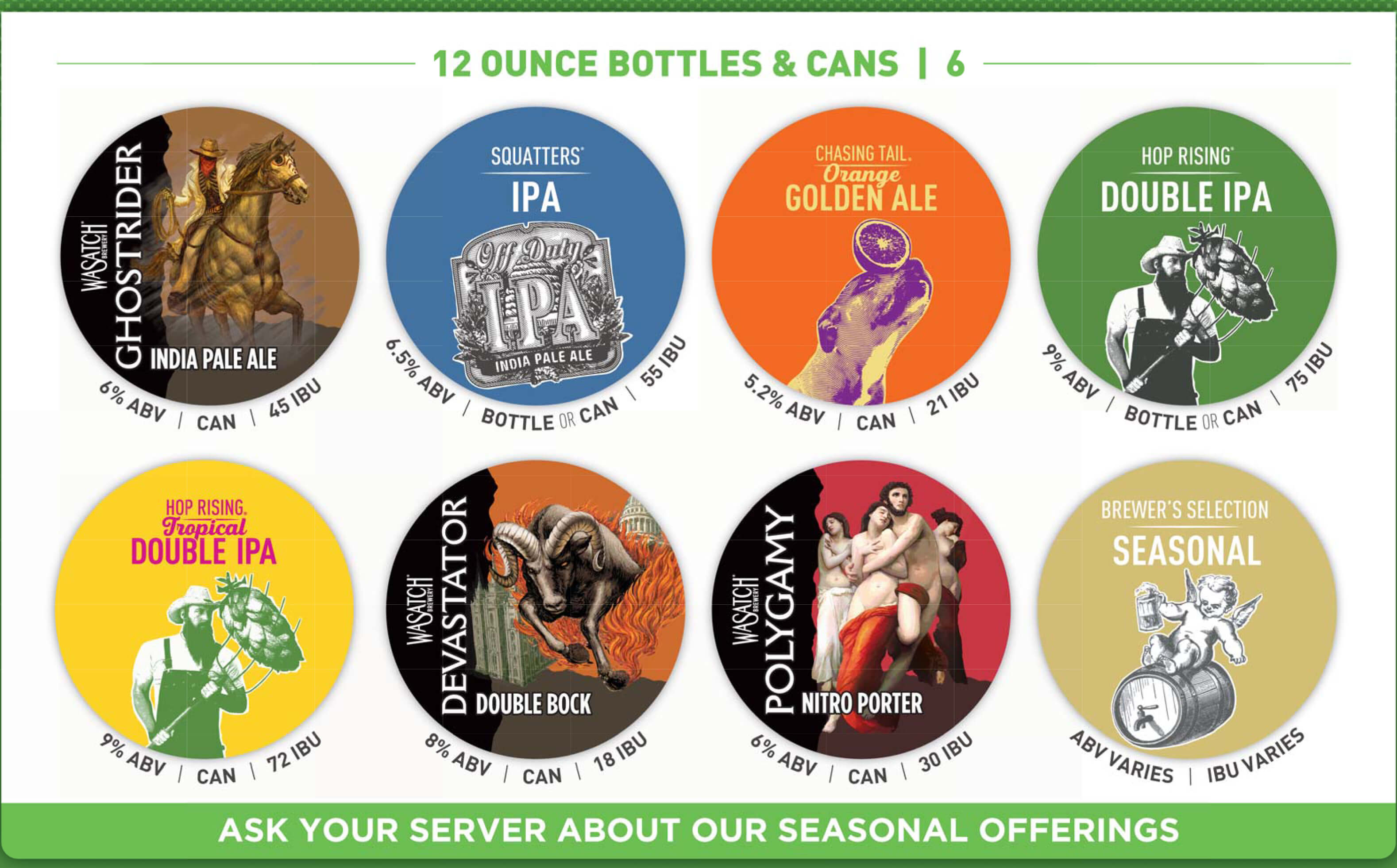 Squatters brew pub 12 ounce bottles and cans menu