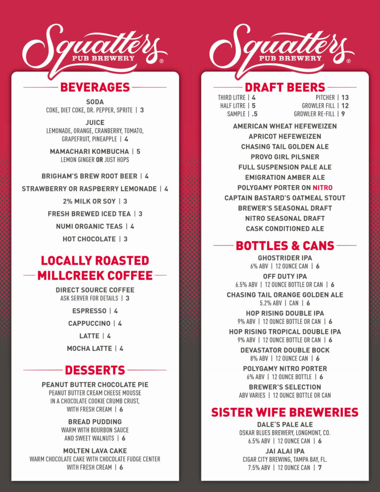 Squatters brew pub Menu, Prices and Locations
