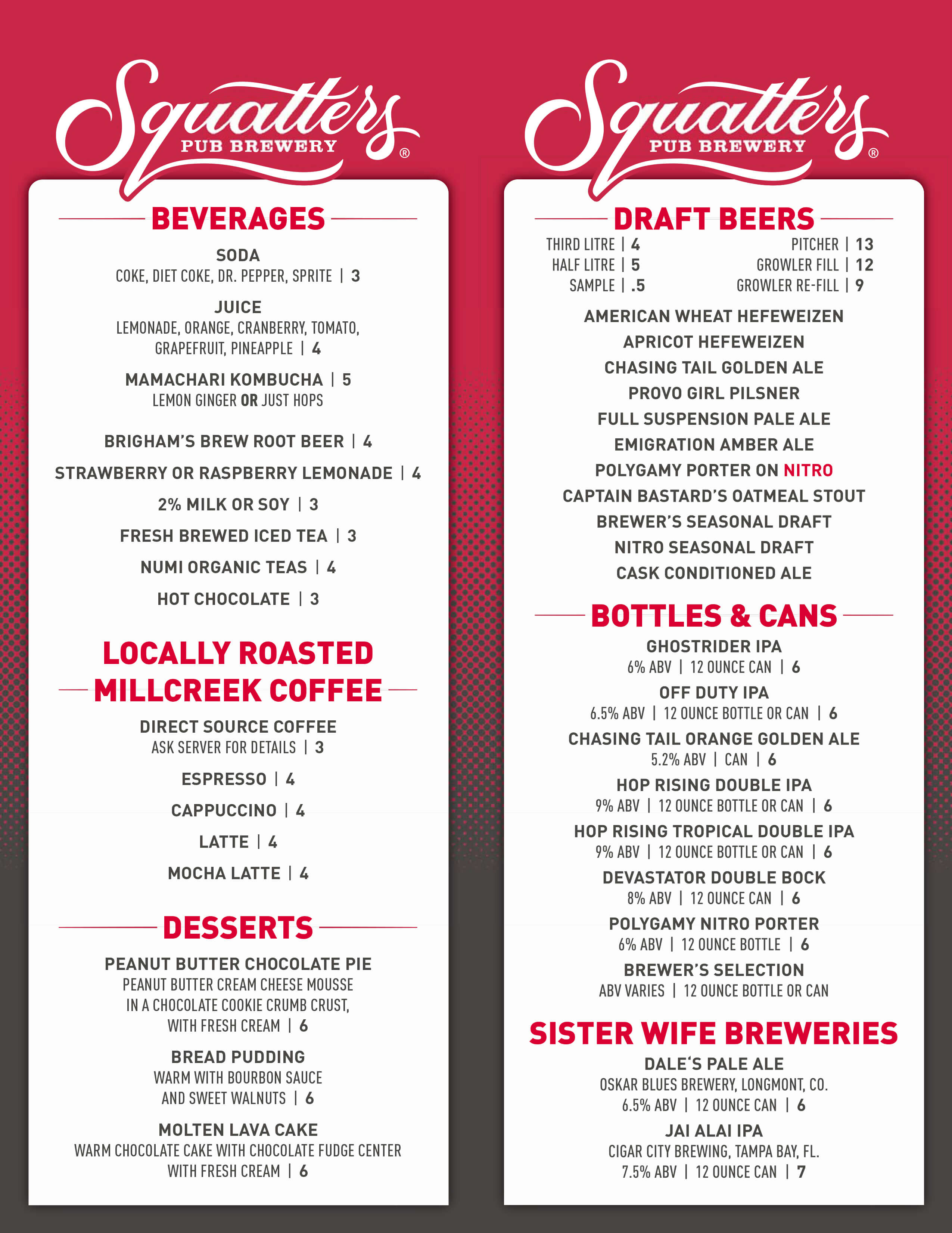 Squatters brew pub Table beer menu