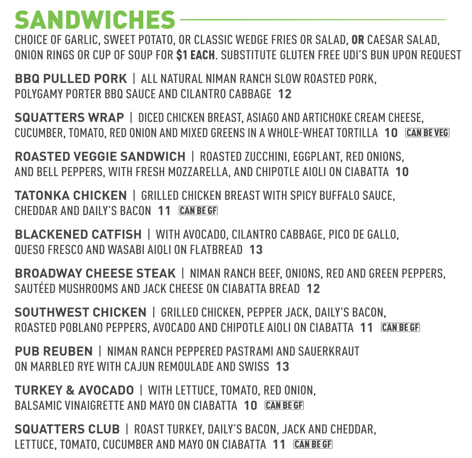 Squatters brew pub sandwiches menu