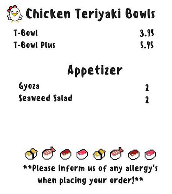 Sushi Be Rollin food truck Chicken Teriyaki bowls Menu