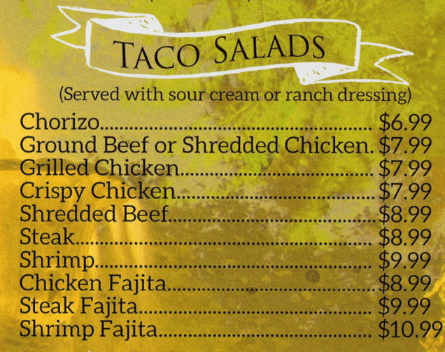 Taco Salads Menu
