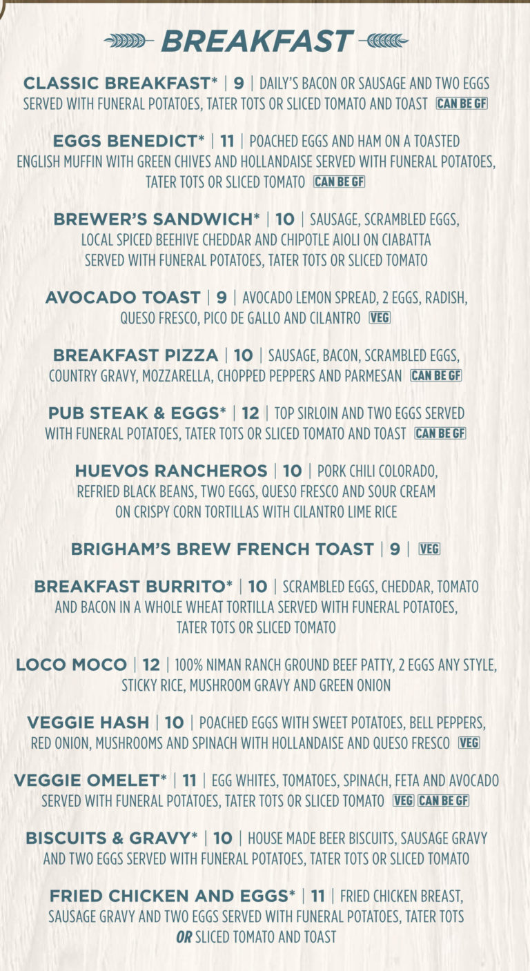 Wasatch Brew Pub Sugarhouse Brunch Menu, Prices and Locations
