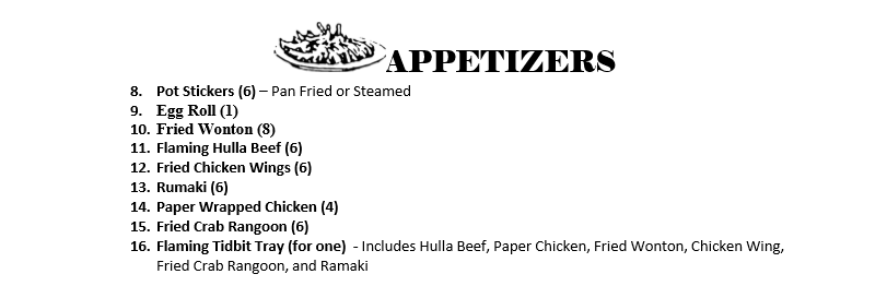 Appetizers Menu