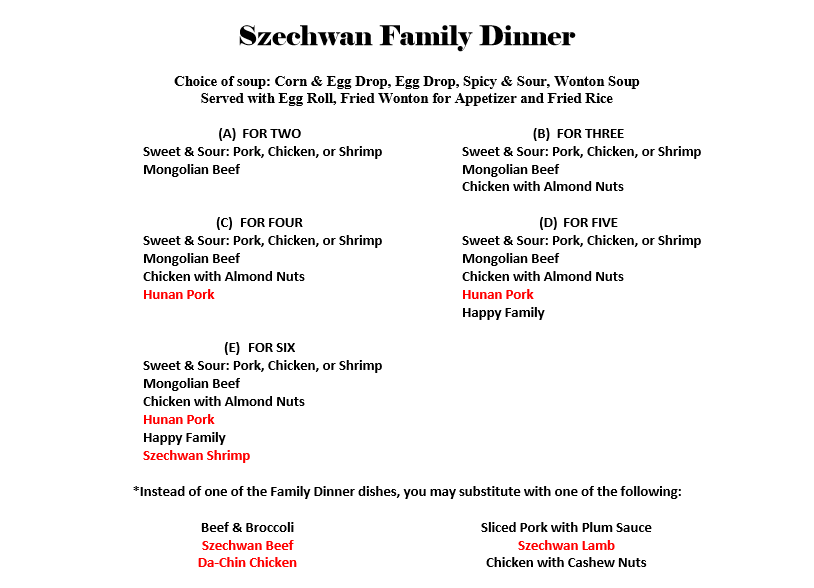 Szechwan Famiy Dinner Menu