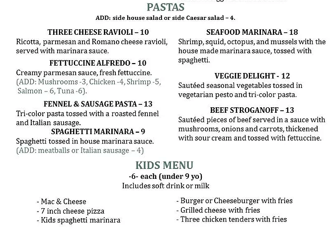 Pastas And Kids Menu