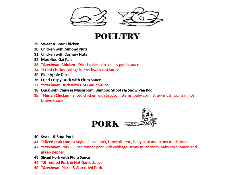 Poultry & Pork Menu