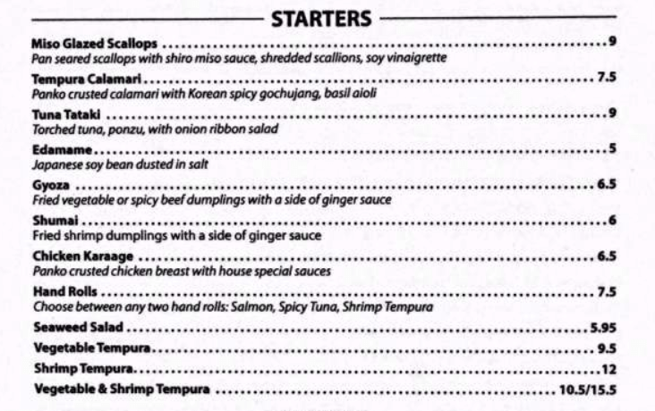 Starters Menu