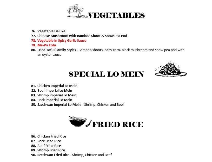 Vegetables & Fried Rice Menu