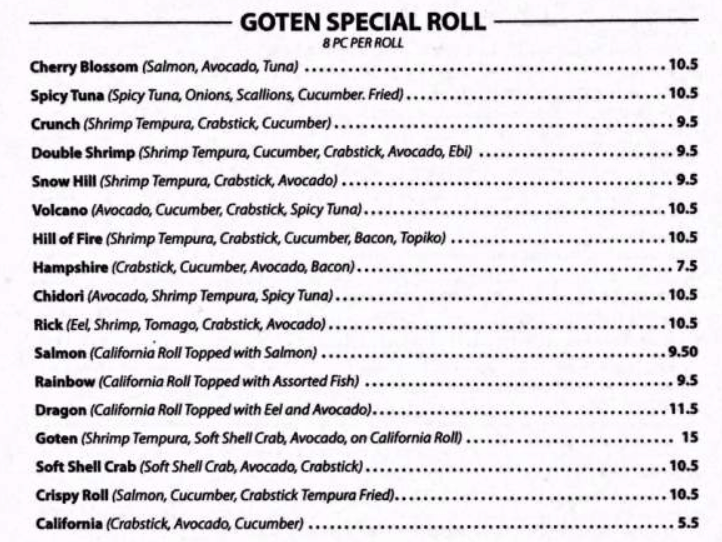 Gotan Special Roll Menu