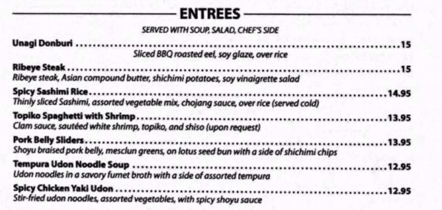 Entrees Menu