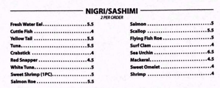 Nigri/Sashimi Menu