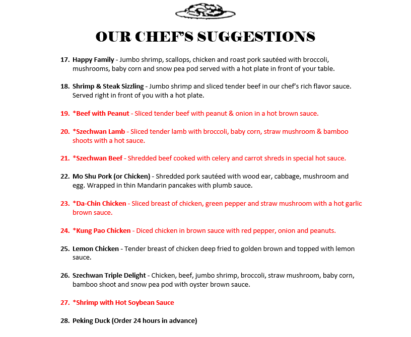 Our Chefs Suggestions Menu